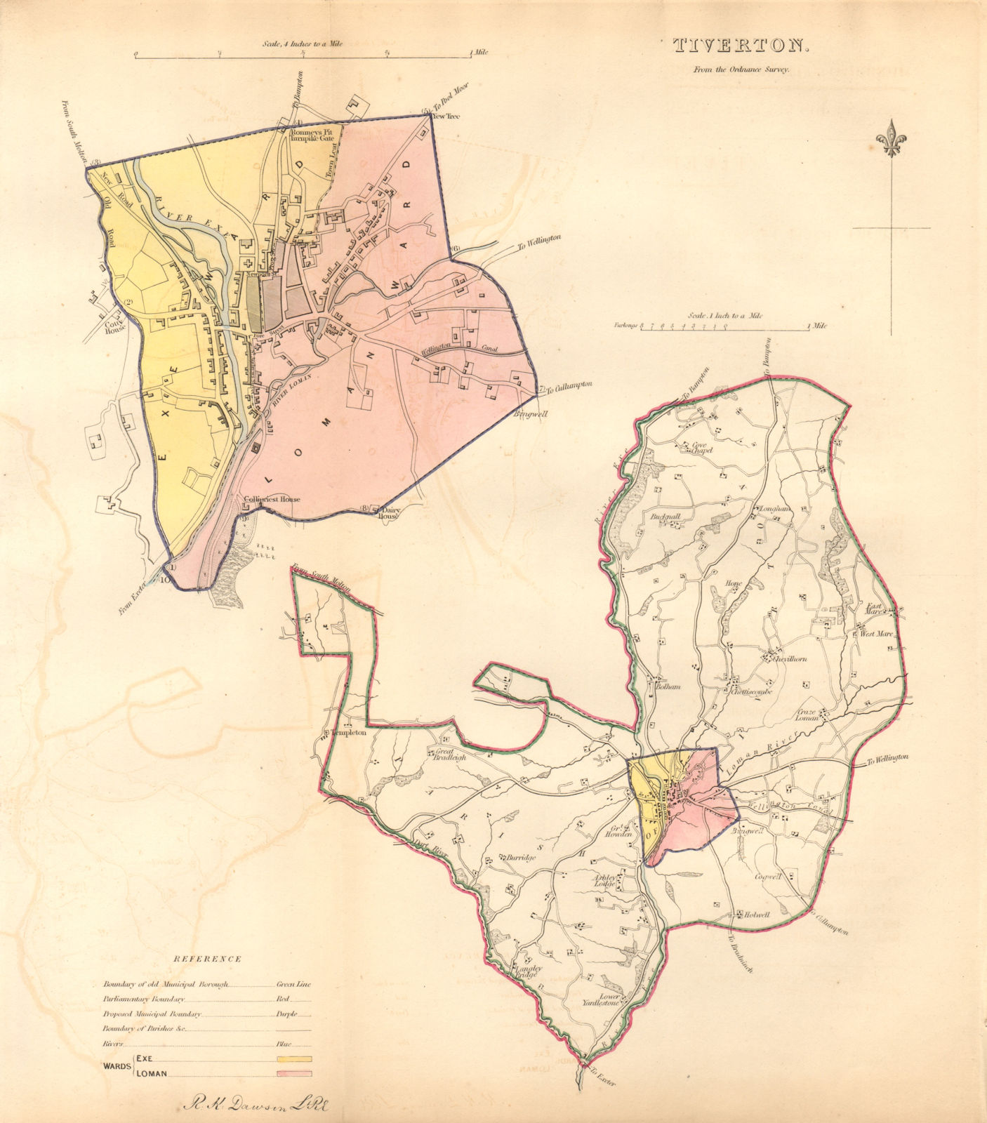 TIVERTON borough/town plan. BOUNDARY COMMISSION. Devon. DAWSON 1837 old map