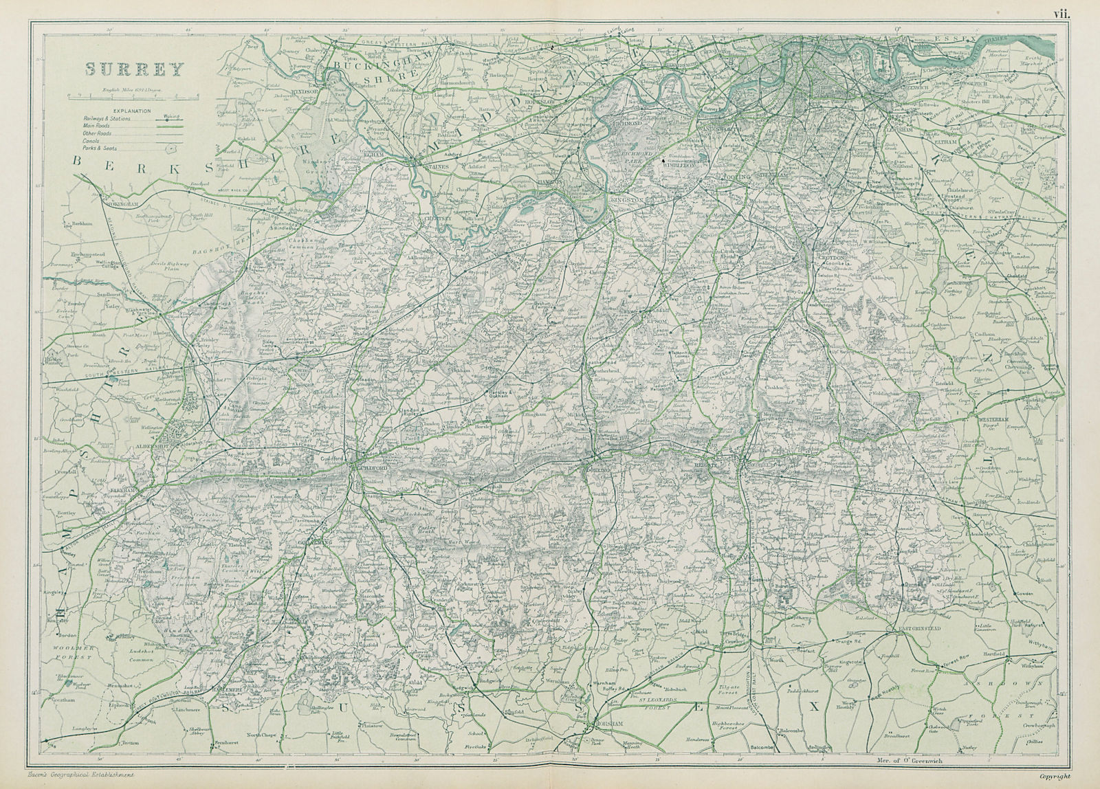 SURREY. Showing Parliamentary divisions, boroughs & parks. BACON 1913 old map