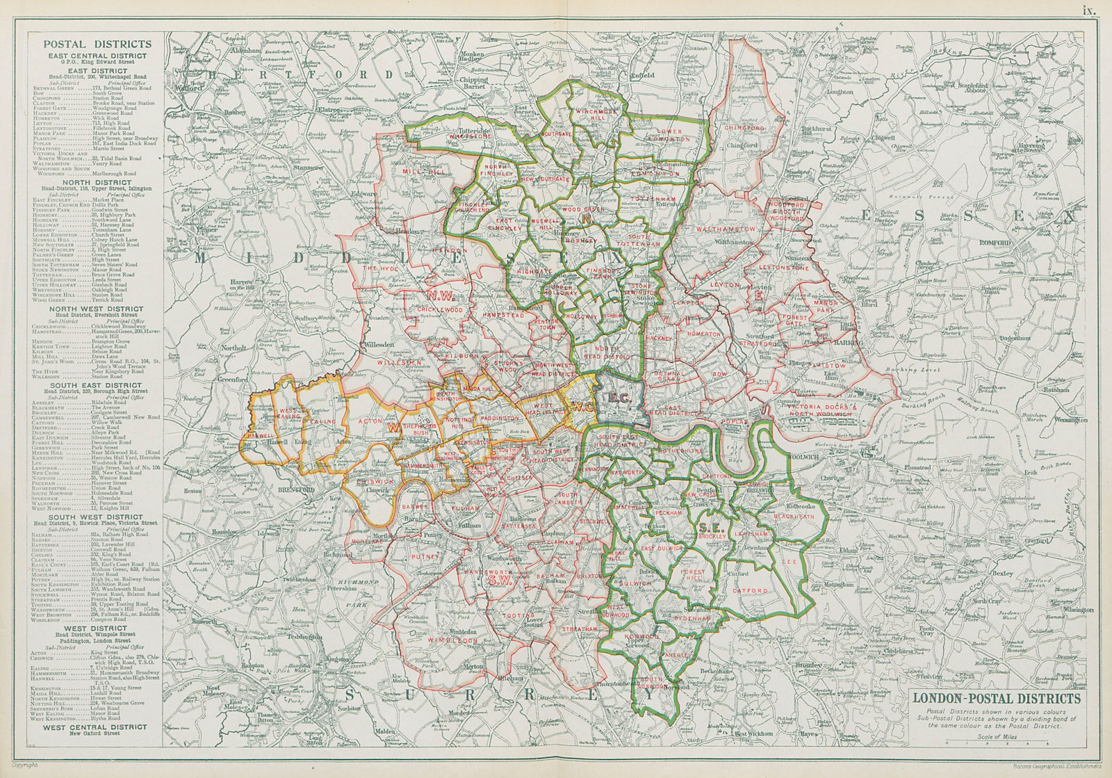 Associate Product LONDON POSTAL DISTRICTS. Post code areas. N NW W SW SE E. BACON 1913 old map