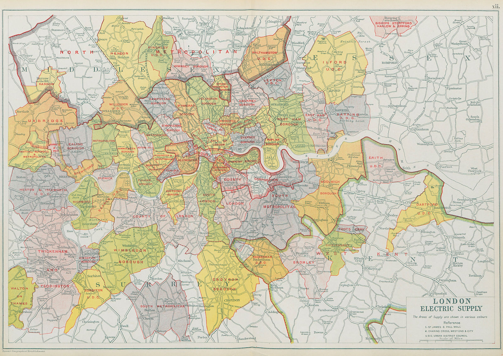Associate Product LONDON ELECTRICITY SUPPLY areas. Corporation. Metropolitan. BACON 1913 old map