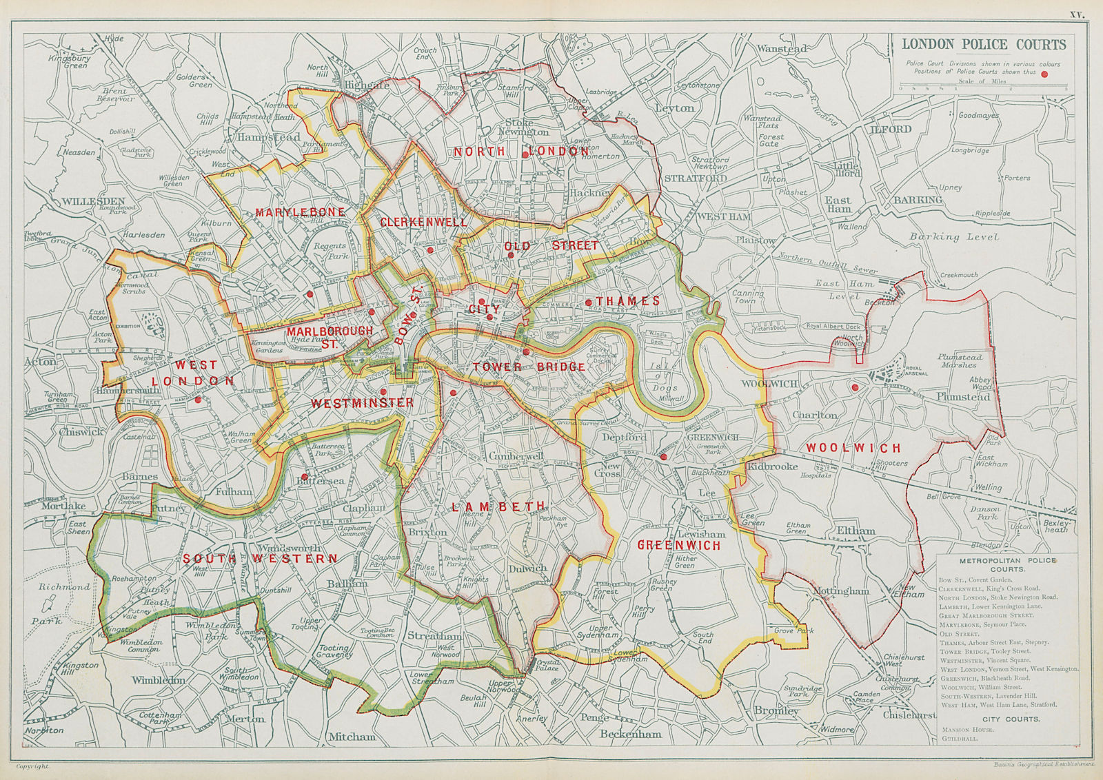 LONDON POLICE COURTS. Showing divisions & court locations. BACON 1913 old map