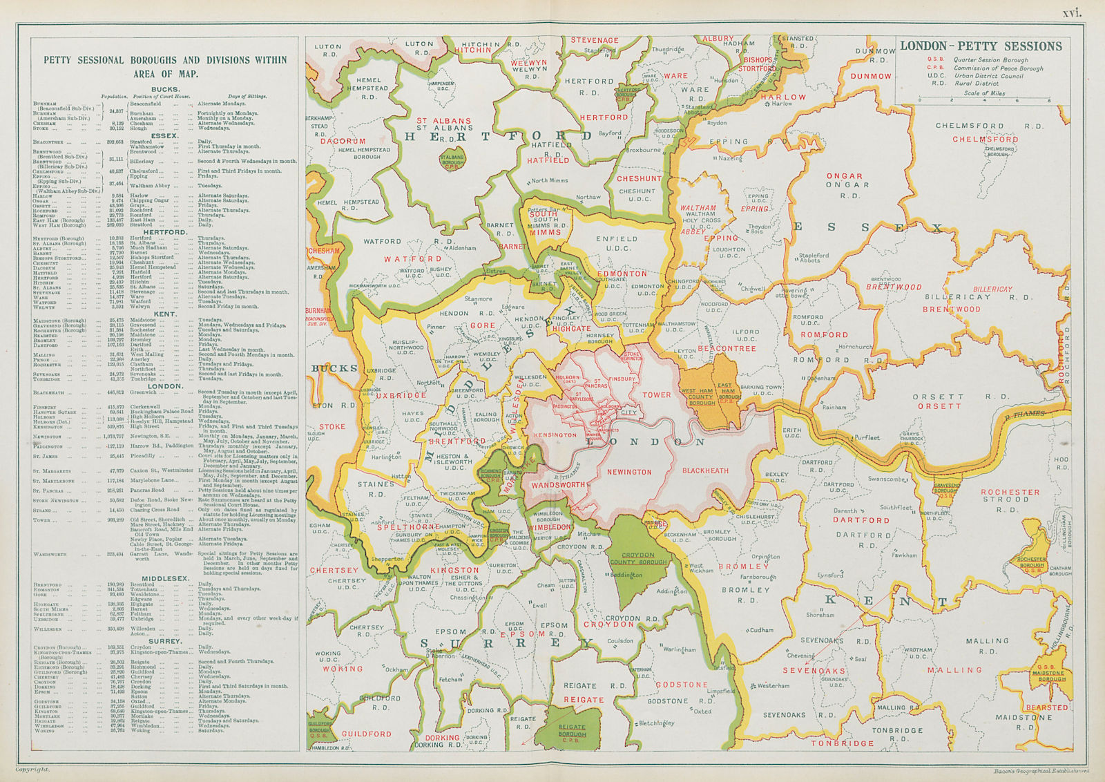 LONDON PETTY SESSIONS/sessional boroughs/divisions. Law. Courts. BACON 1913 map