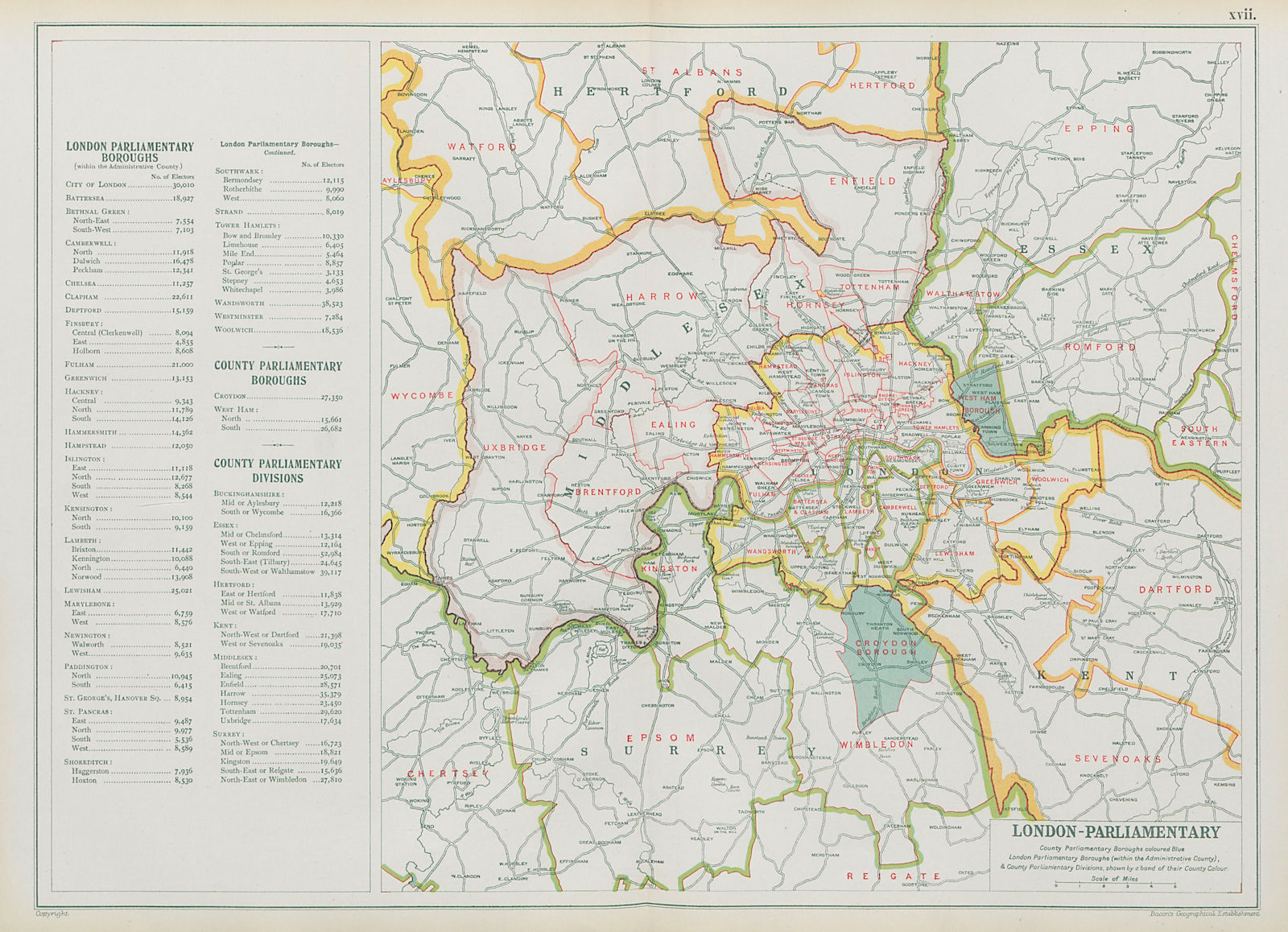 Associate Product GREATER LONDON PARLIAMENTARY. Constituencies Boroughs # electors. BACON 1913 map