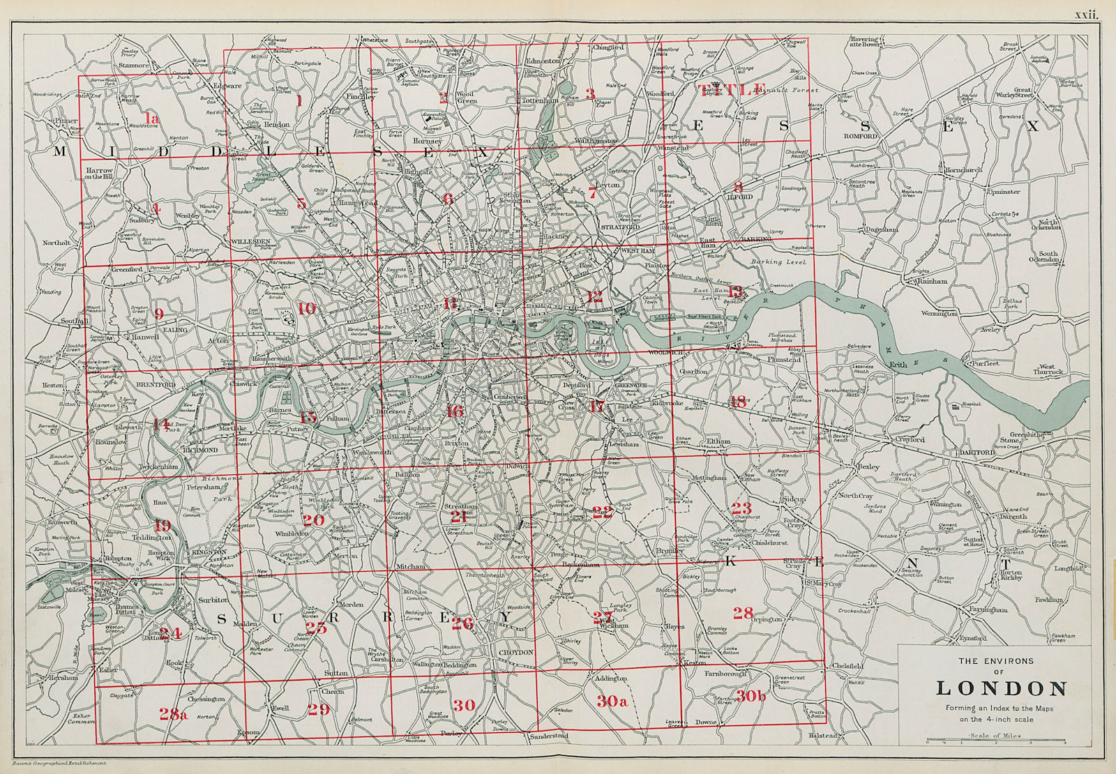 THE ENVIRONS OF LONDON. Index map. Main roads. BACON 1913 old antique