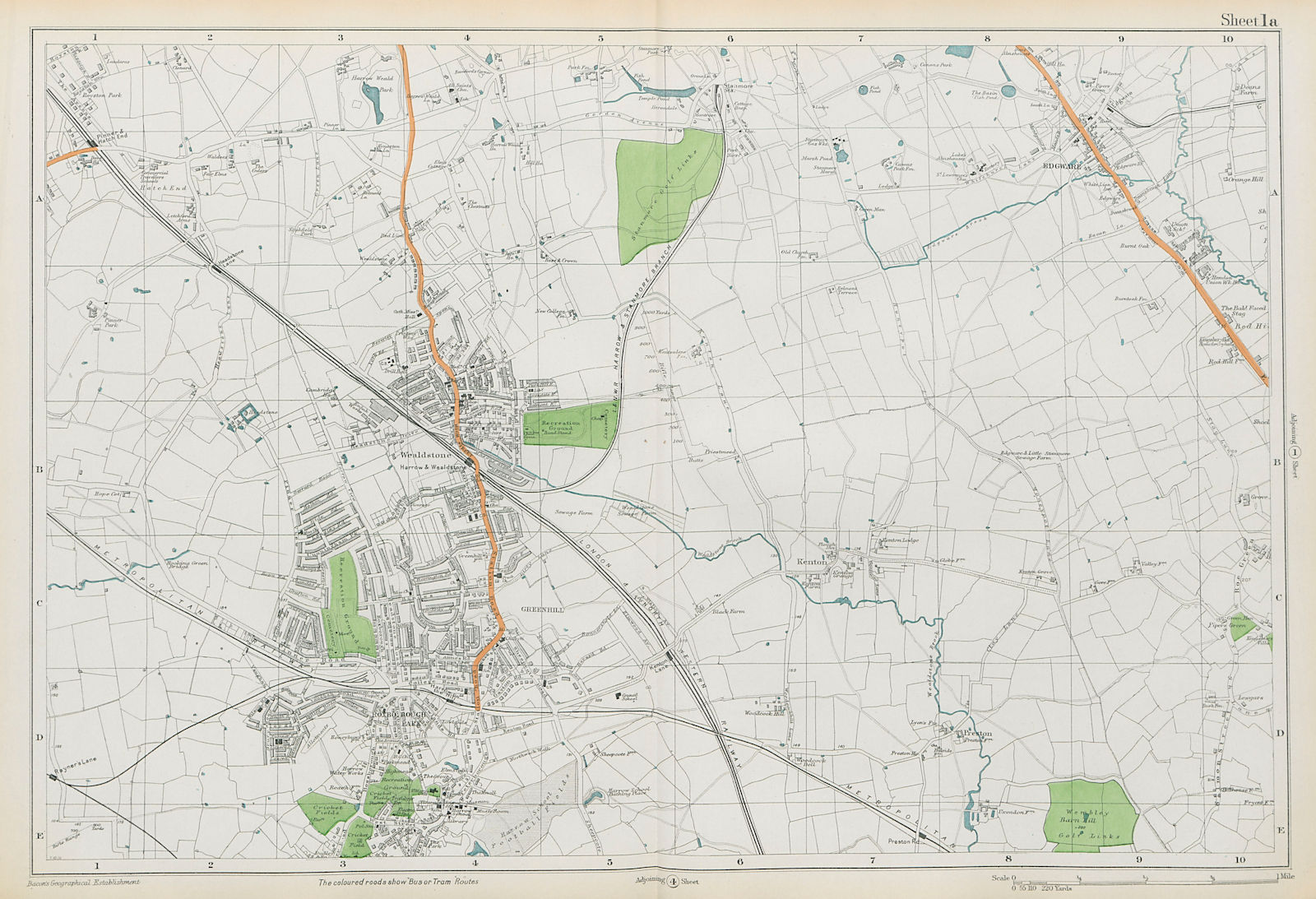 STANMORE Wealdstone Edgware Pinner North Harrow Kenton The Hyde. BACON 1913 map