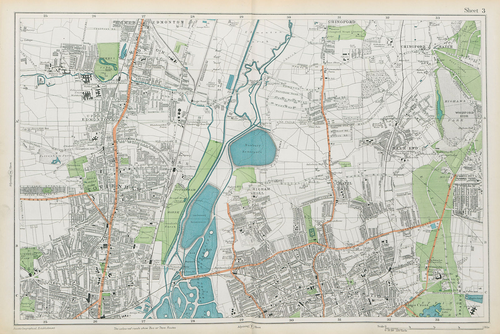 TOTTENHAM WALTHAMSTOW EDMONTON Chingford Hale End Epping Forest. BACON  1913 map
