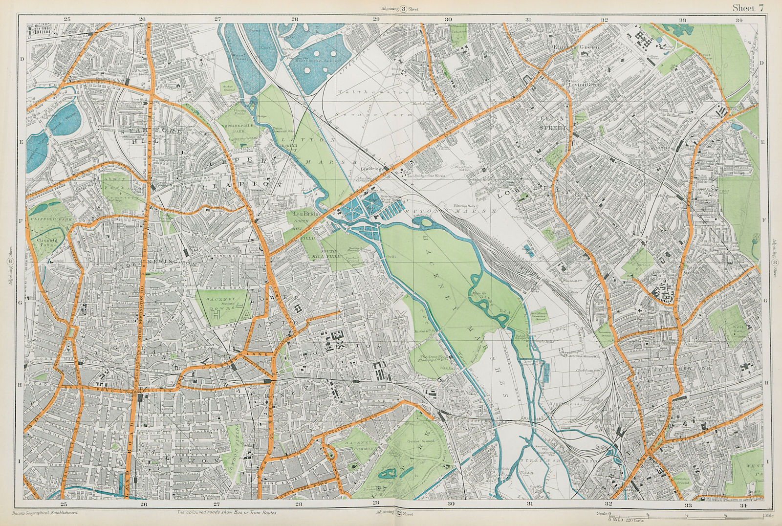 HACKNEY STRATFORD LEYTON/STONE STOKE NEWINGTON Clapton Dalston. BACON  1913 map