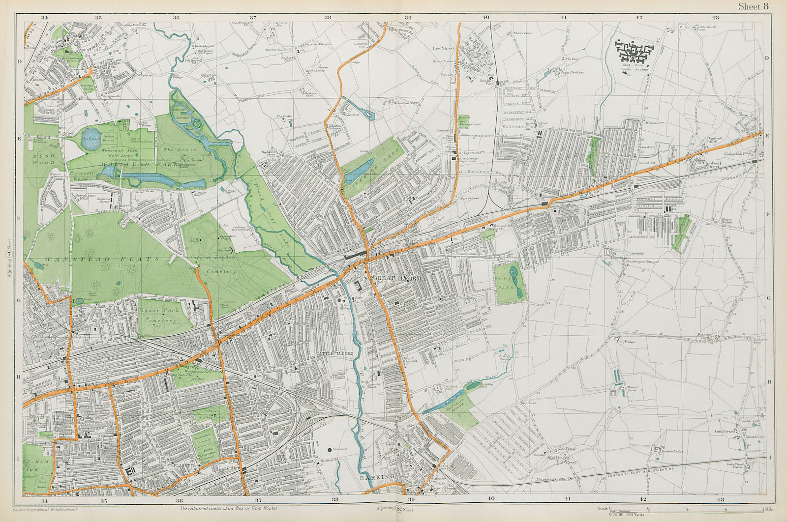 WANSTEAD ILFORD BARKING Forest Gate Seven Kings Chadwell Heath. BACON  1913 map