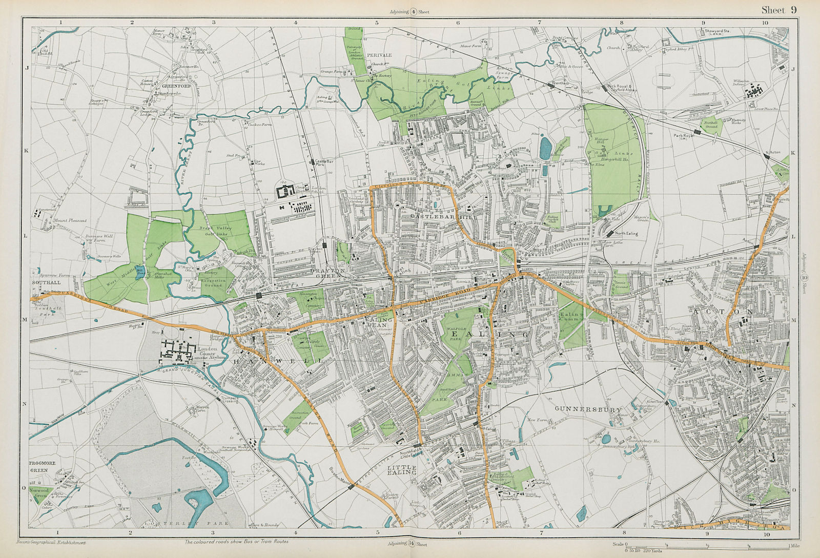 EALING/ACTON Greenford Hanwell Gunnersbury Perivale Hanger Lane. BACON  1913 map