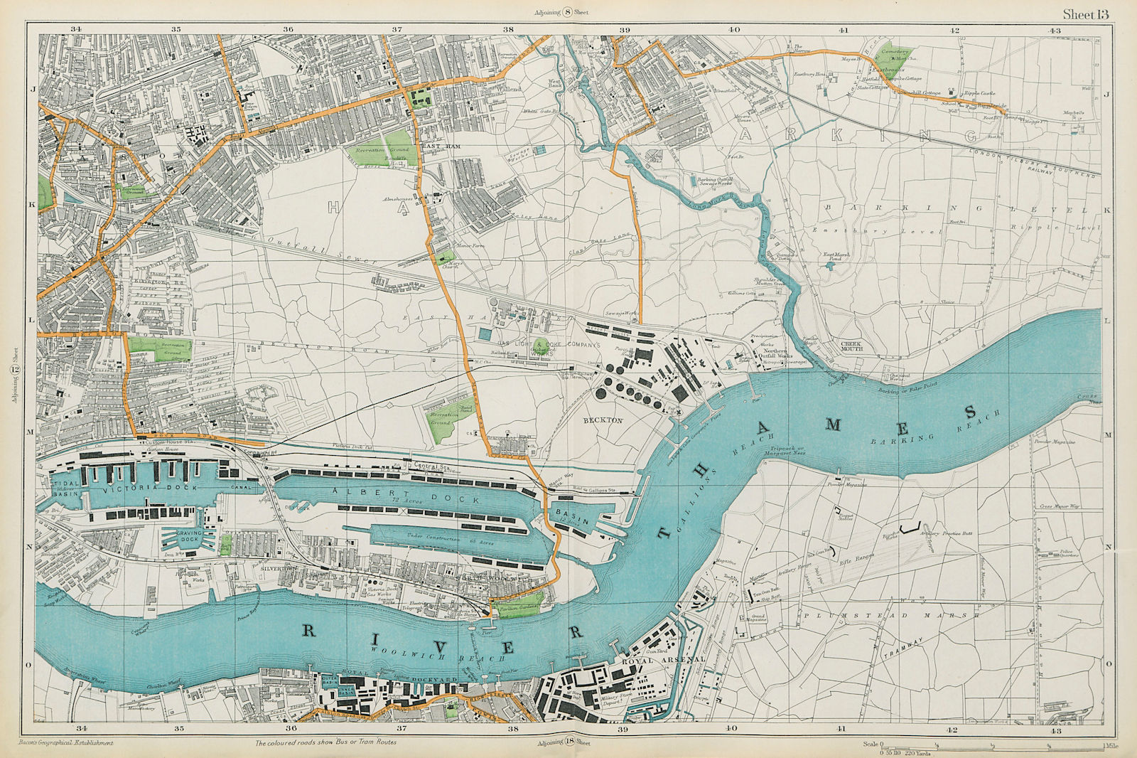 WEST/EAST HAM & BARKING Plaistow Woolwich Thamesmead Beckton. BACON  1913 map