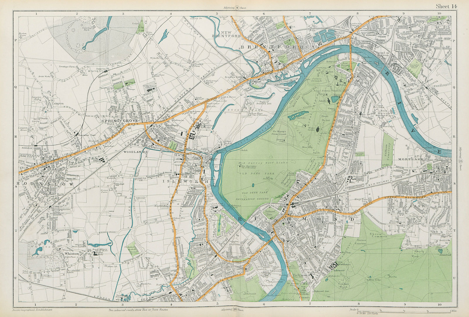 RICHMOND/HOUNSLOW Kew Isleworth Brentford Spring Grove Mortlake. BACON  1913 map