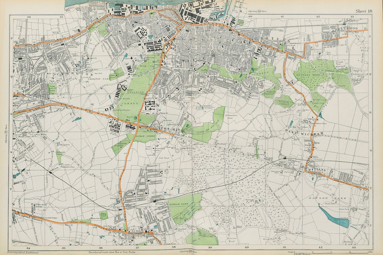WOOLWICH Charlton Eltham Bexley Plumstead Shooters H Greenwich.BACON  1913 map