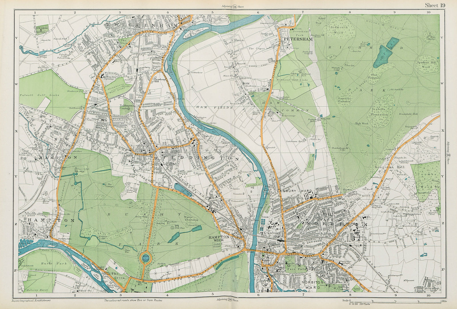 SW LONDON Twickenham Kingston Teddington Hampton Richmond. BACON  1913 old map