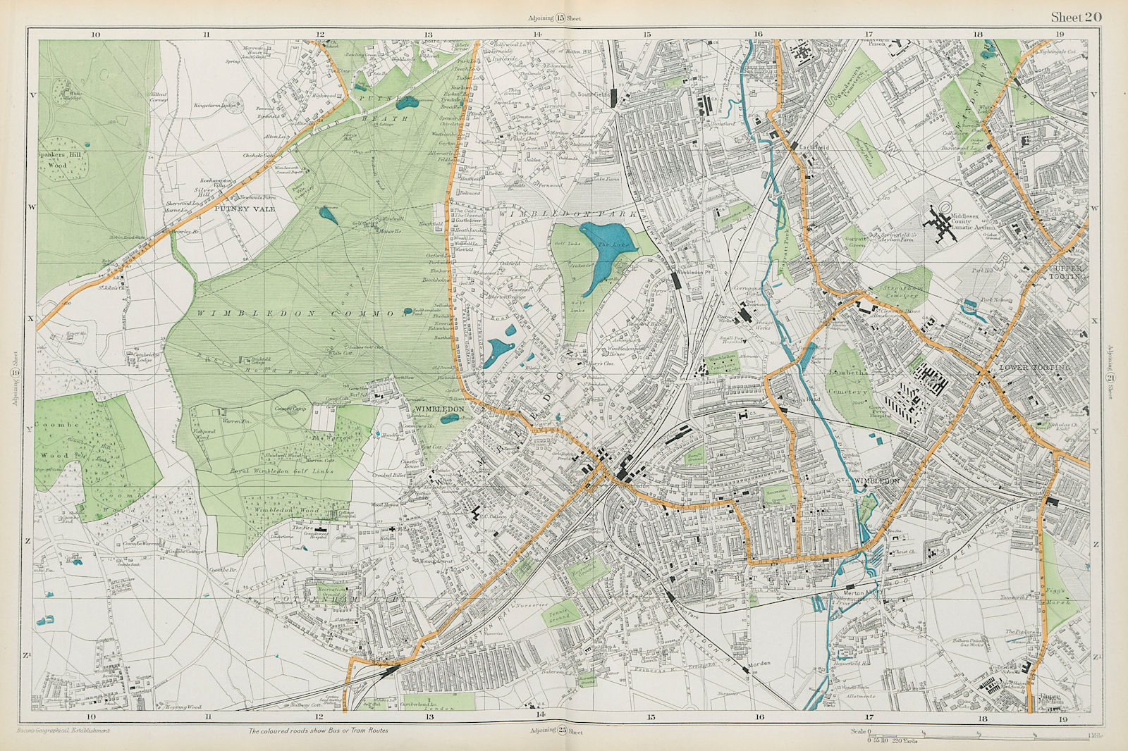 WIMBLEDON Merton Tooting Putney Heath Southfields Cottenham Park BACON  1913 map