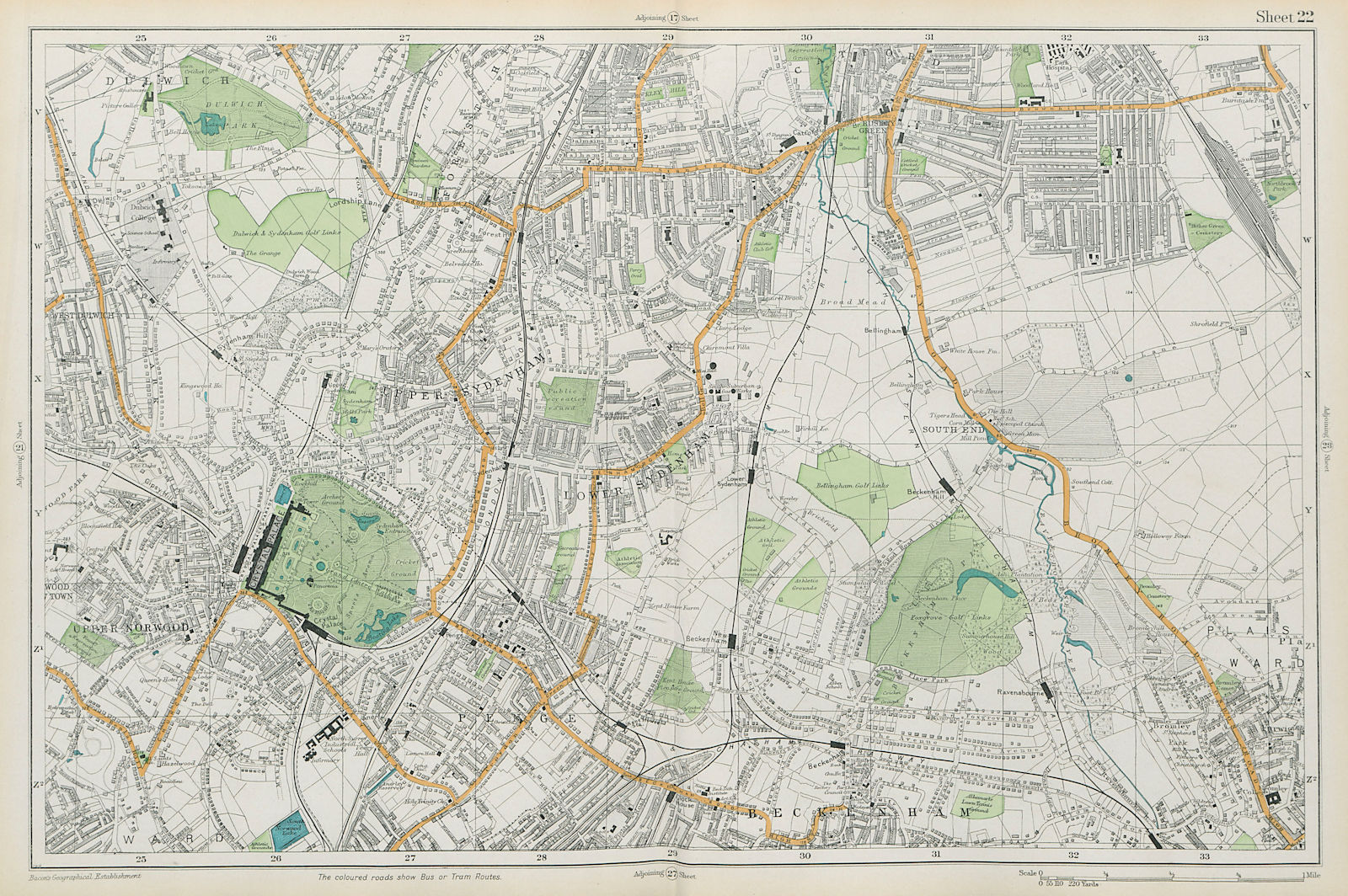 Associate Product LONDON Sydenham Penge Beckenham Catford Norwood Dulwich Lewisham BACON  1913 map