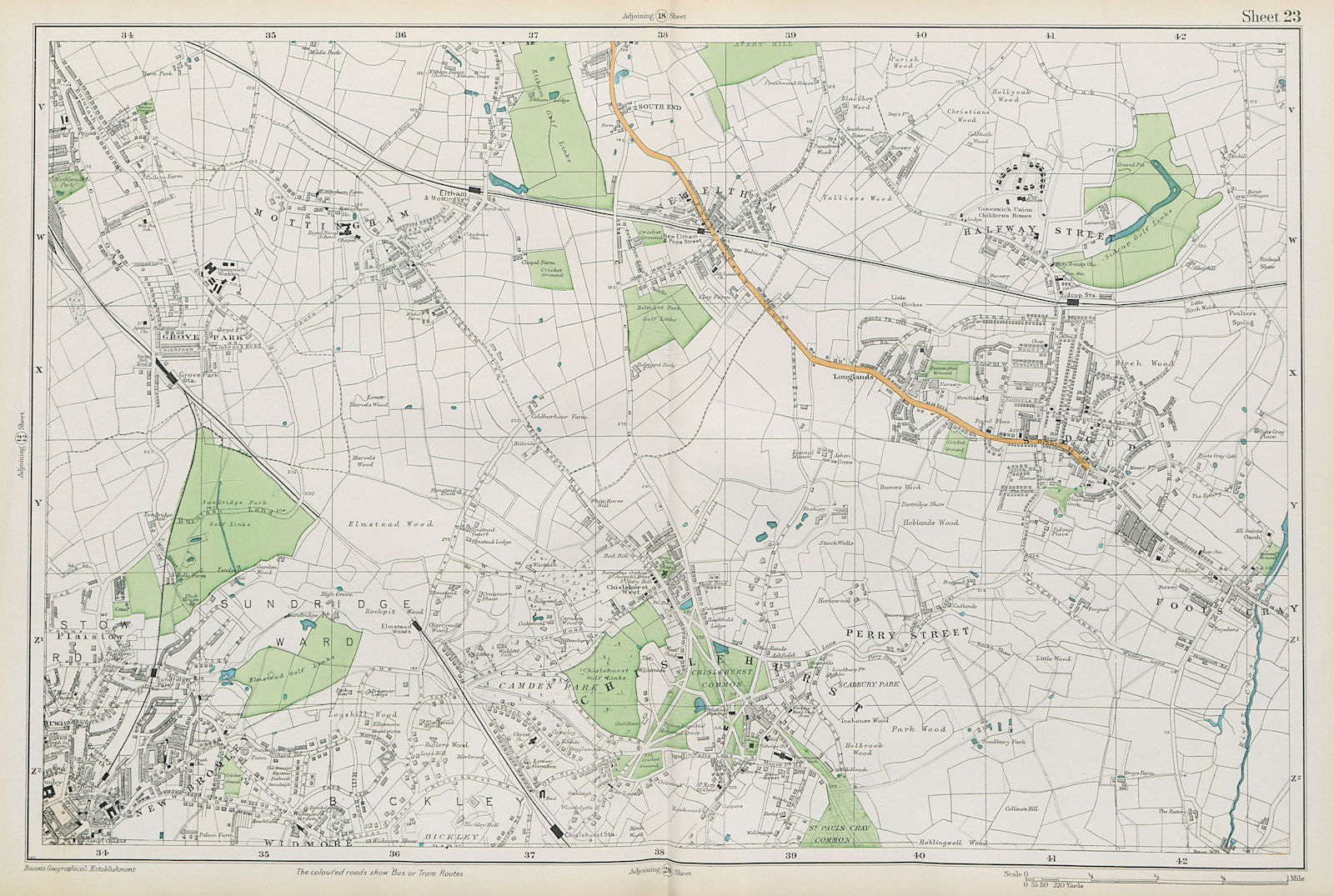 CHISLEHURST Eltham Mottingham Bromley Sidcup Foots Cray Catford. BACON  1913 map