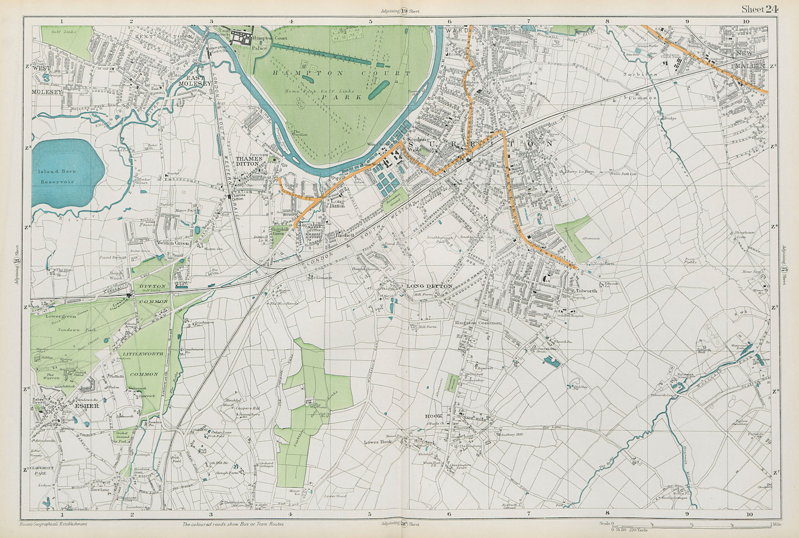 Associate Product SURBITON & ESHER Hampton Court East Molesey Thames Ditton Hook. BACON  1913 map