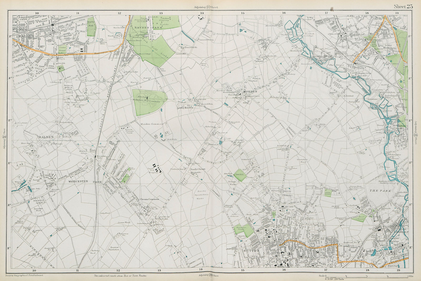 SUTTON Carshalton Morden New Malden Worcester Pk Mitcham Cheam. BACON  1913 map