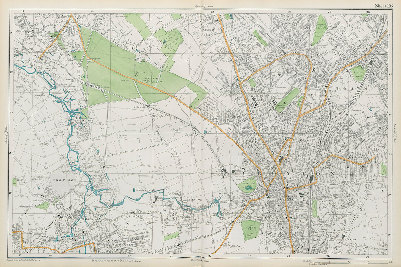 CROYDON Mitcham Carshalton Wallington Thornton Heath Beddington. BACON  1913 map