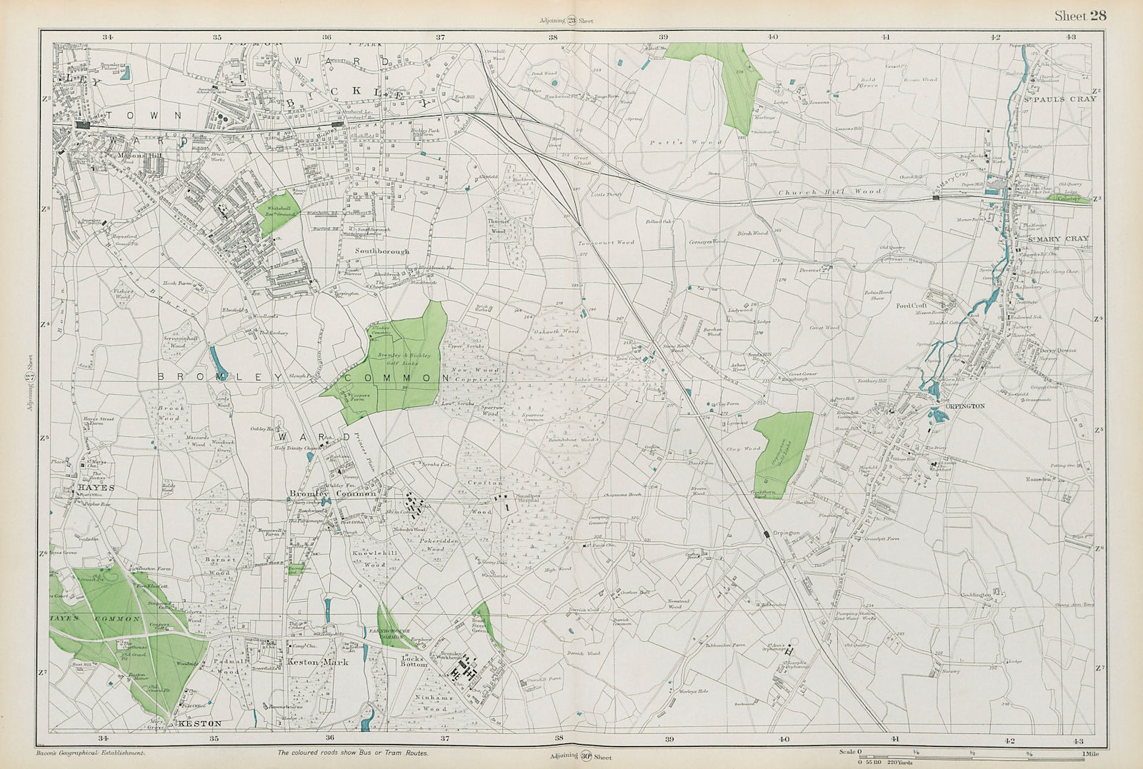 BROMLEY & ORPINGTON Hayes Petts Wood Keston St Paul's Mary Cray. BACON  1913 map