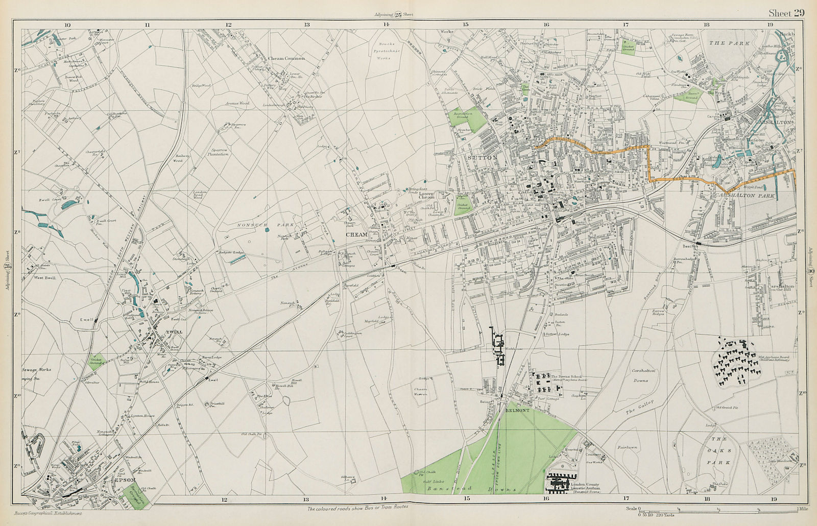 SUTTON Cheam Epsom Belmont Carshalton Ewell Banstead Downs. BACON  1913 map