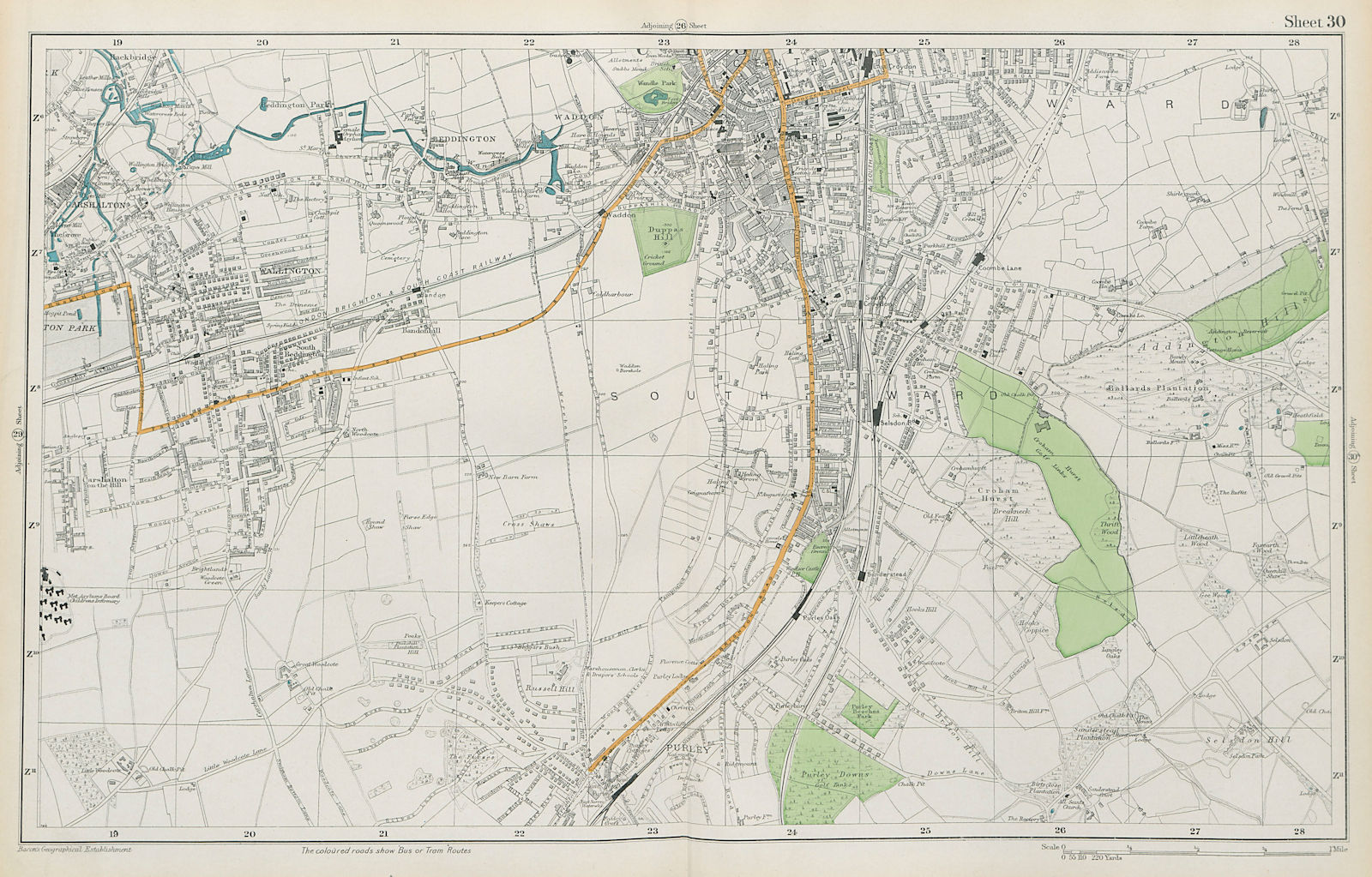 SOUTH CROYDON Carshalton Wallington Waddon Beddington Purley. BACON  1913 map