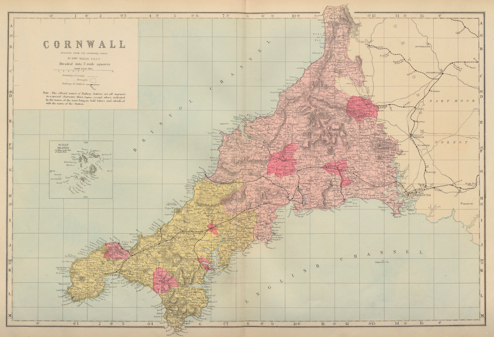 CORNWALL antique county map by GW BACON 1883 old plan chart