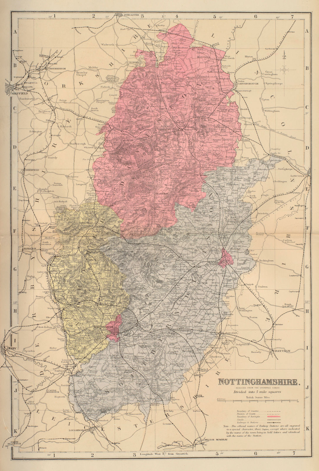 NOTTINGHAMSHIRE antique county map by GW BACON 1883 old plan chart