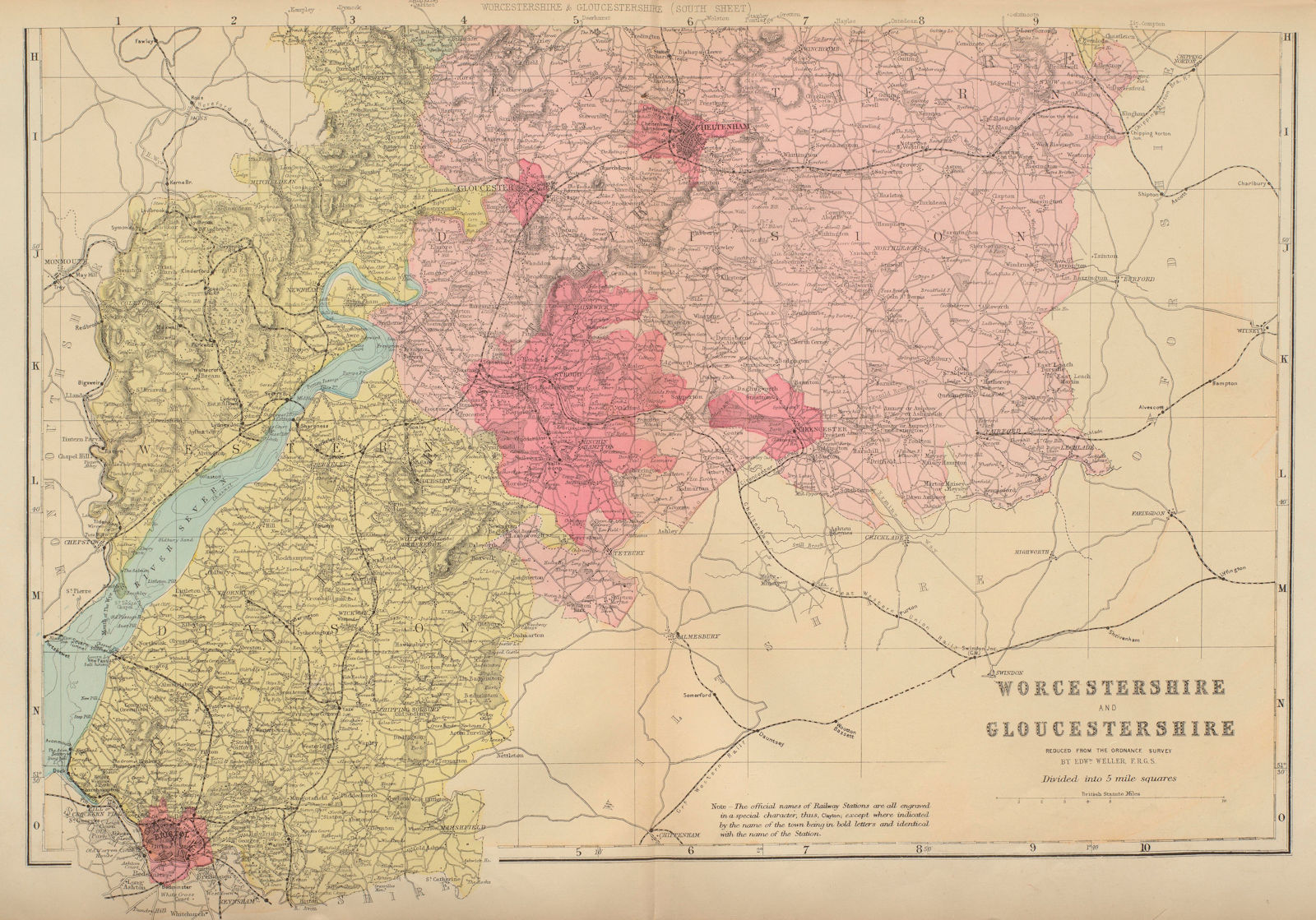 Associate Product WORCESTERSHIRE & GLOUCESTERSHIRE (South) antique county map by GW BACON 1883