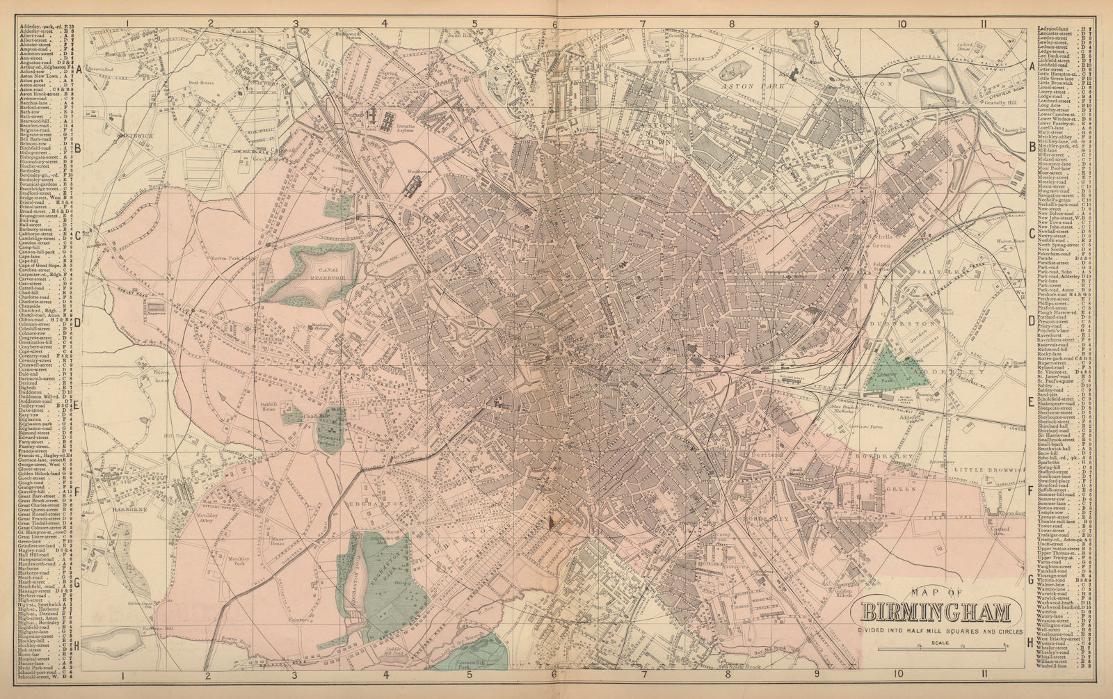 BIRMINGHAM Aston Edgbaston Ladywell Bordesley town city plan GW BACON 1883 map