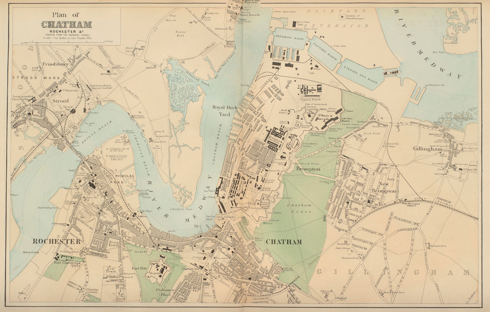 CHATHAM Rochester Strood Frinsbury Brompton town city plan GW BACON 1883 map