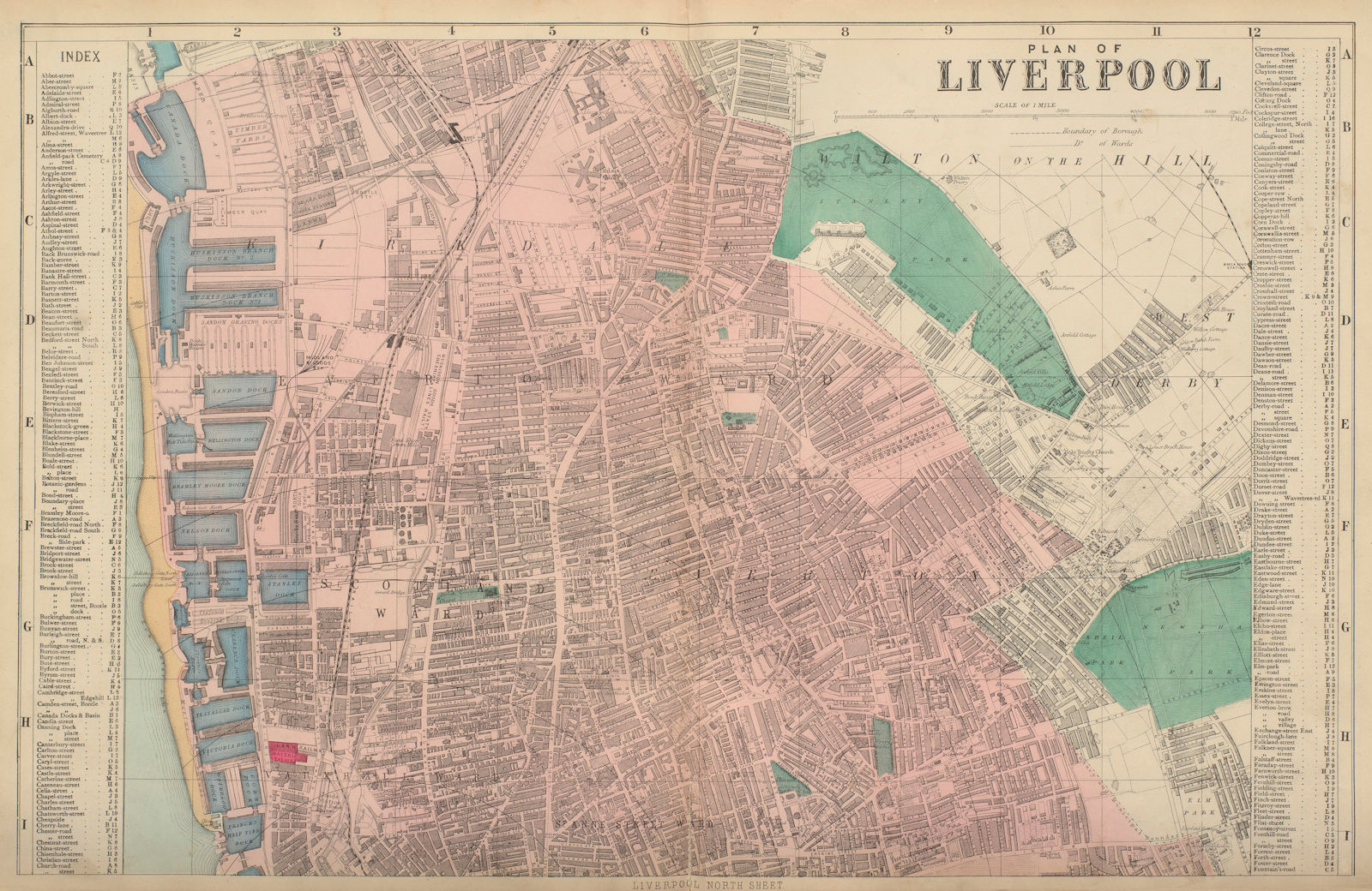 LIVERPOOL North Everton Anfield Kirkdale Vauxhall town city plan BACON 1883 map