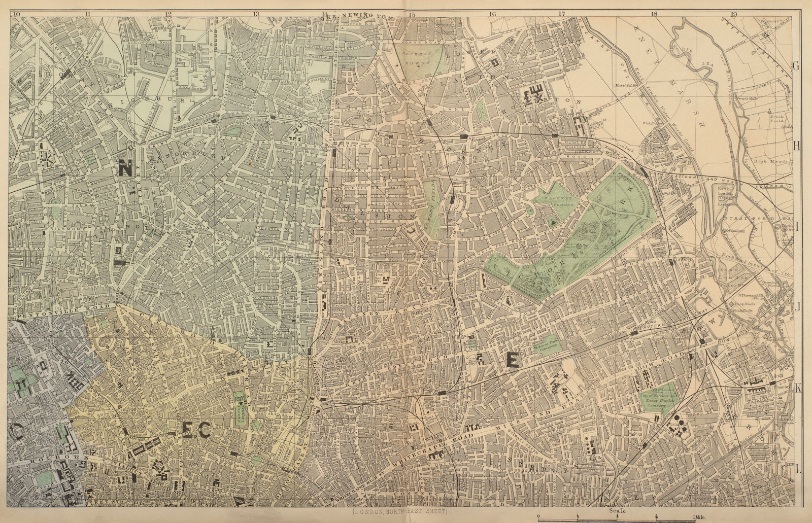 LONDON N East City Hackney Tower Hamlets Islington town city plan BACON 1883 map
