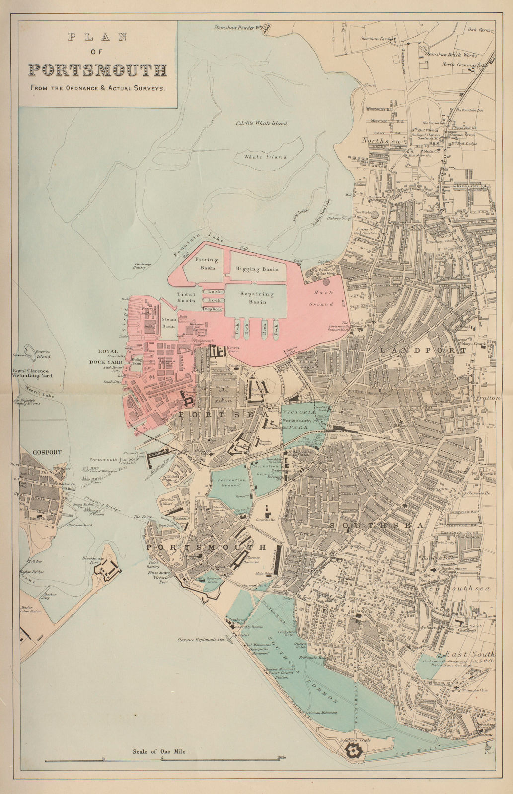 PORTSMOUTH Portsea Southsea Landport Gosport town city plan GW BACON 1883 map