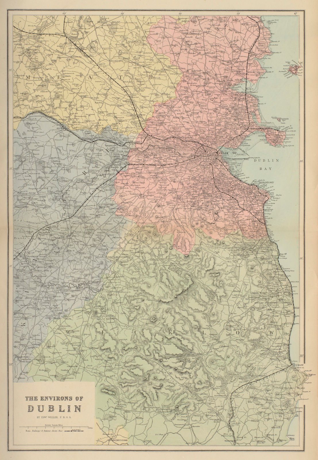 DUBLIN & ENVIRONS Meath Kildare Wicklow IRELAND antique map by GW BACON 1883
