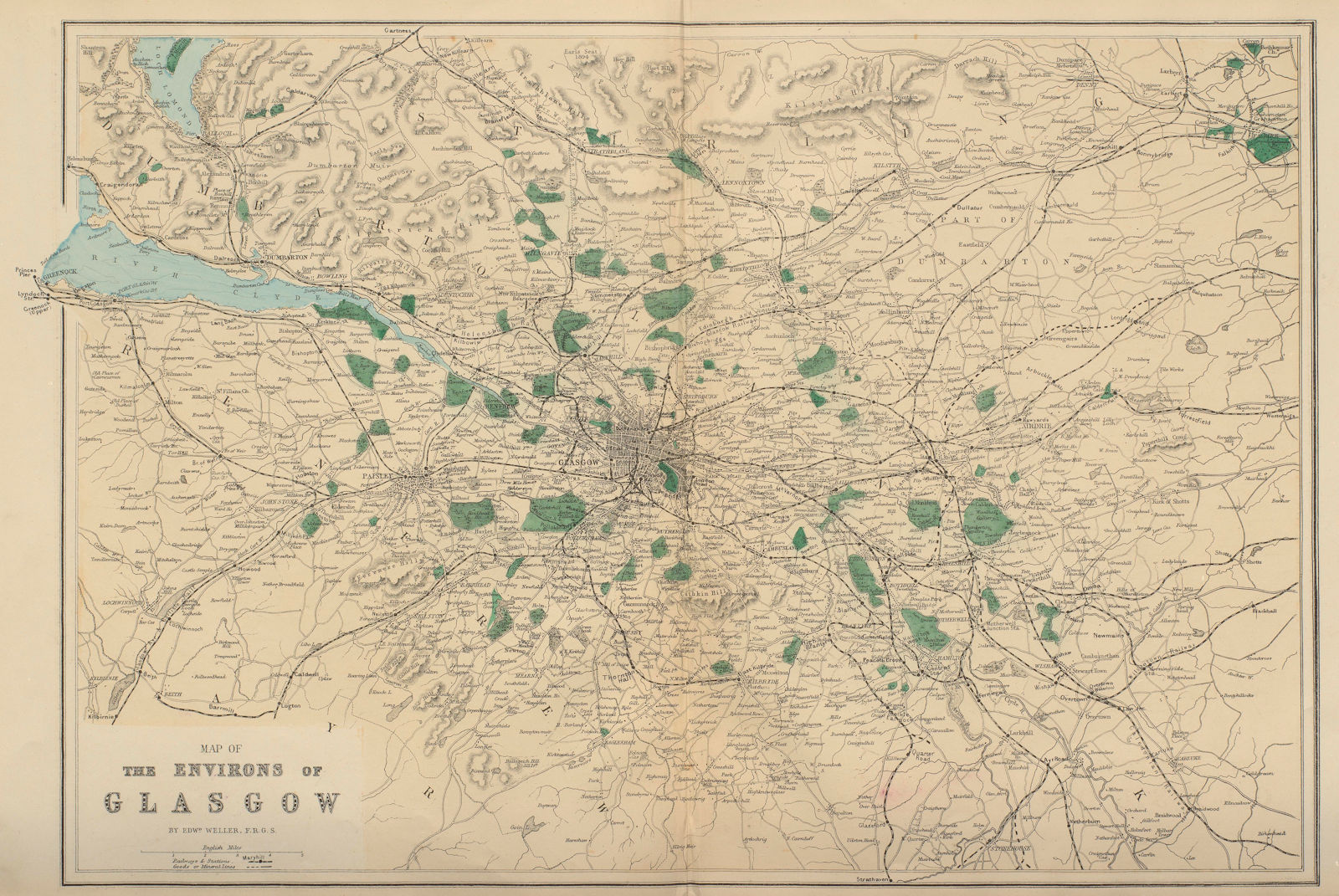 GLASGOW & ENVIRONS Lanark Renfrew antique map by GW BACON 1883 old