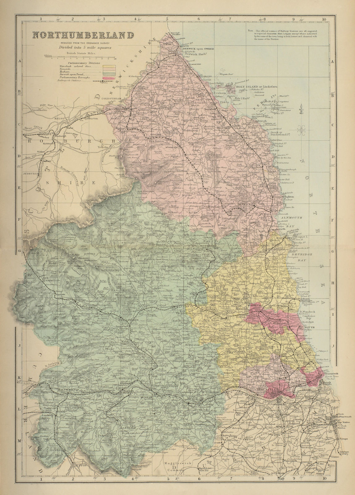 NORTHUMBERLAND antique county map by GW BACON 1885 old plan chart