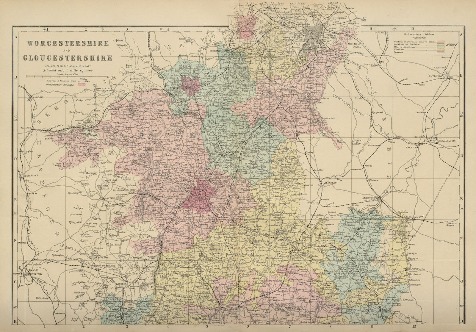 Associate Product WORCESTERSHIRE & GLOUCESTERSHIRE (North) antique county map by GW BACON 1885