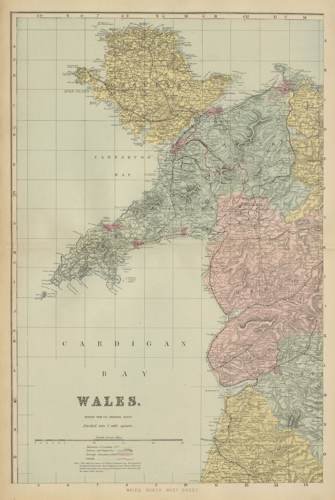 WALES (North West) Anglesey Snowdonia Gwynedd antique map by GW BACON 1885