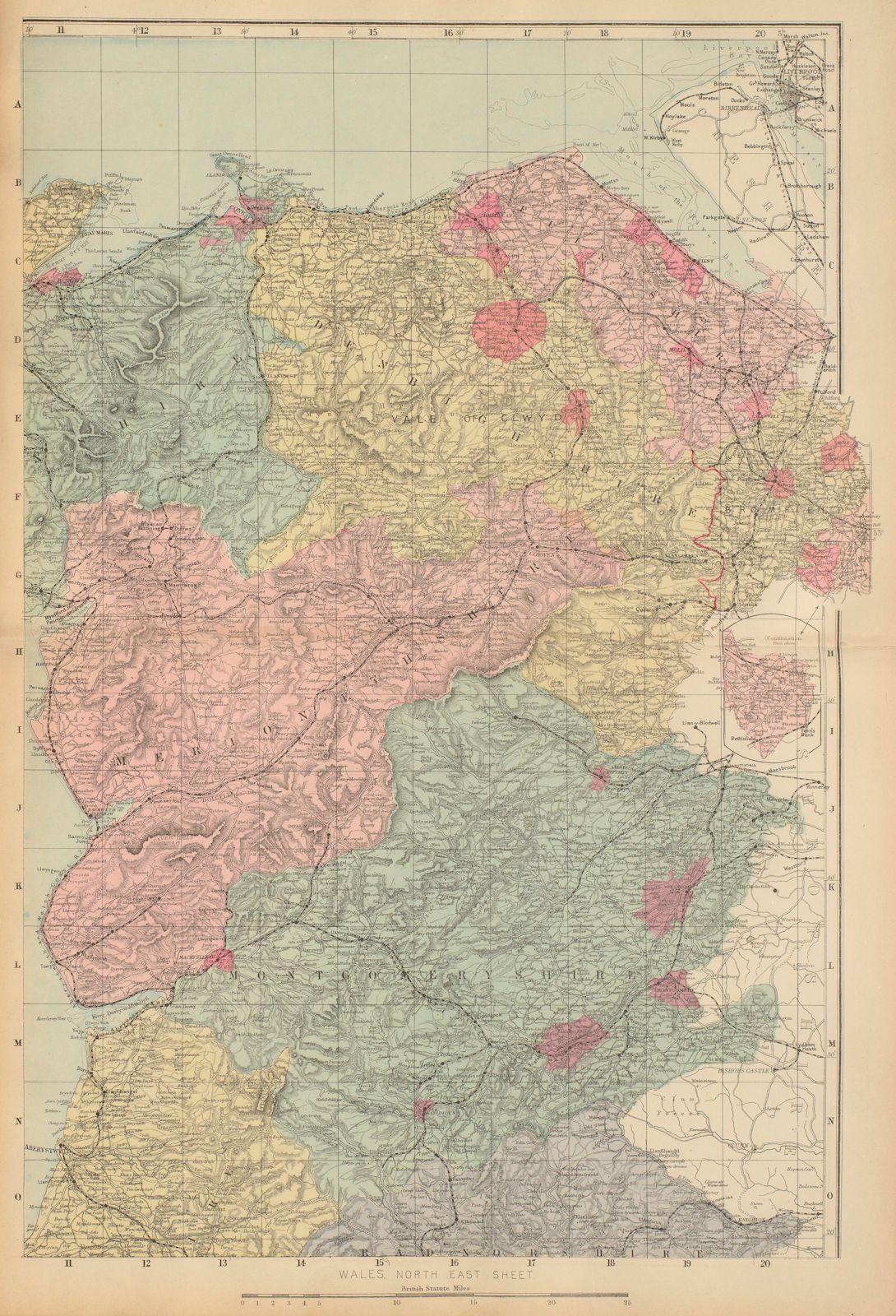 WALES (North East) Flint Denbigh Merionethshire Clywd GW BACON 1885 old map