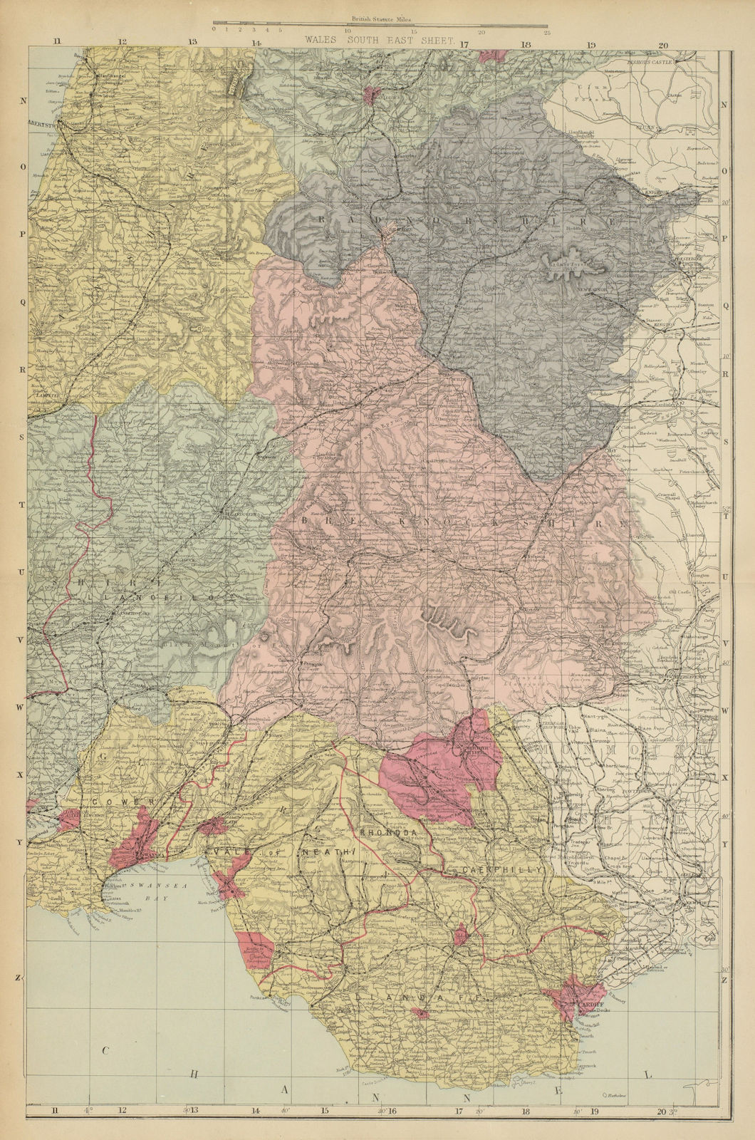 WALES (South East) Glamorgan Brecknock Radnorshire Powys GW BACON 1885 old map