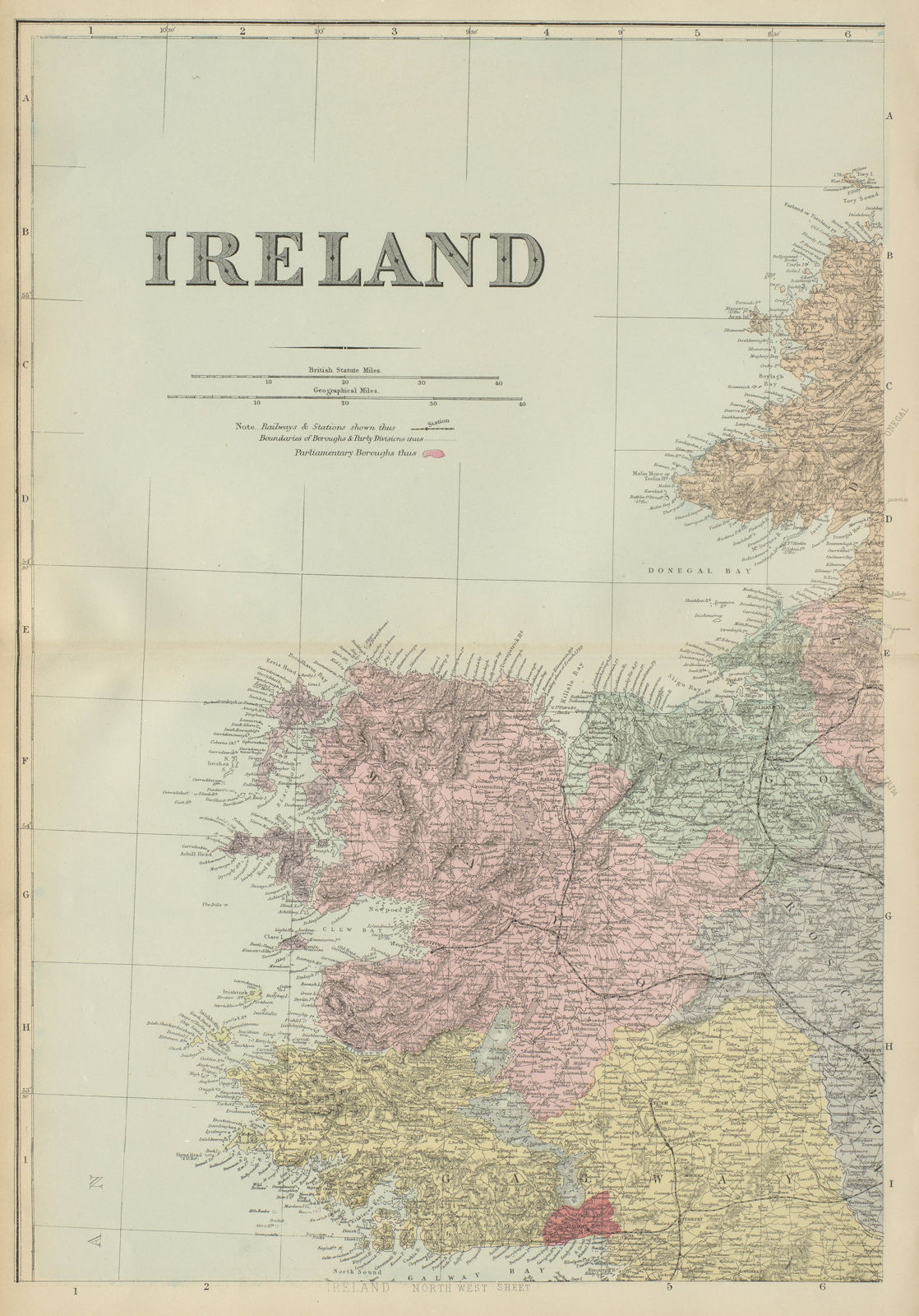 IRELAND (North West) Connacht Mayo Galway Sligo antique map by GW BACON 1885