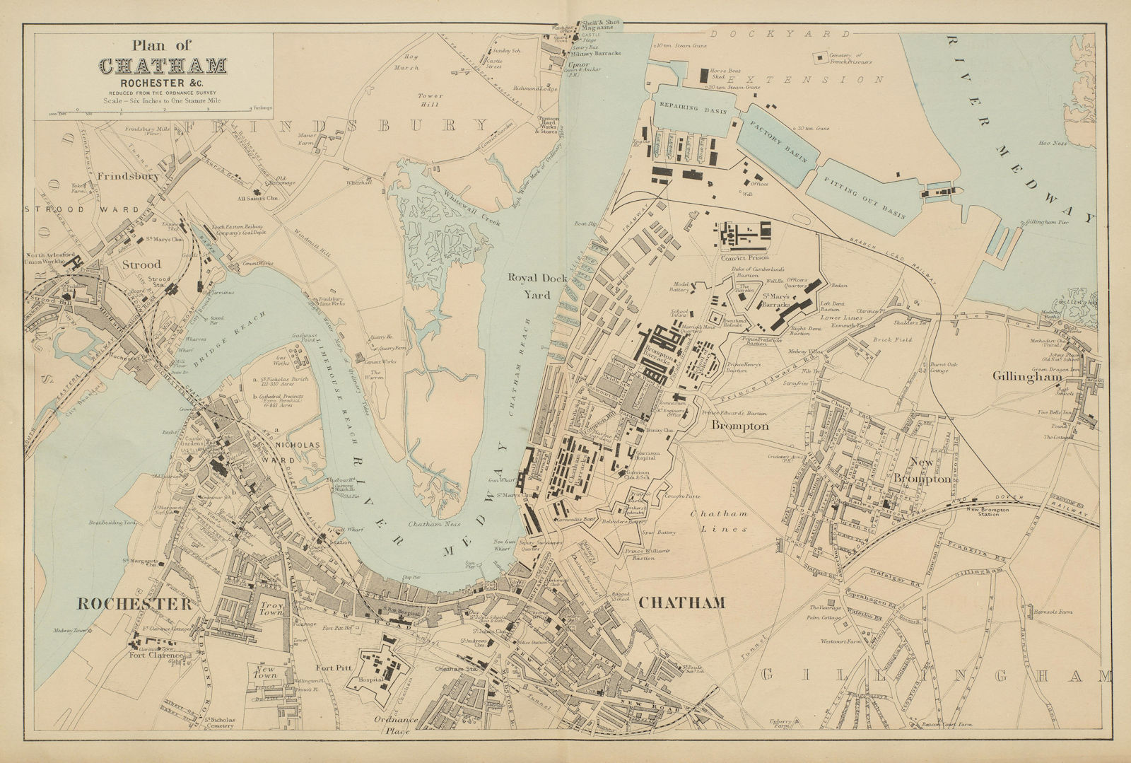 Associate Product CHATHAM Rochester Strood Frinsbury Brompton town city plan GW BACON 1885 map
