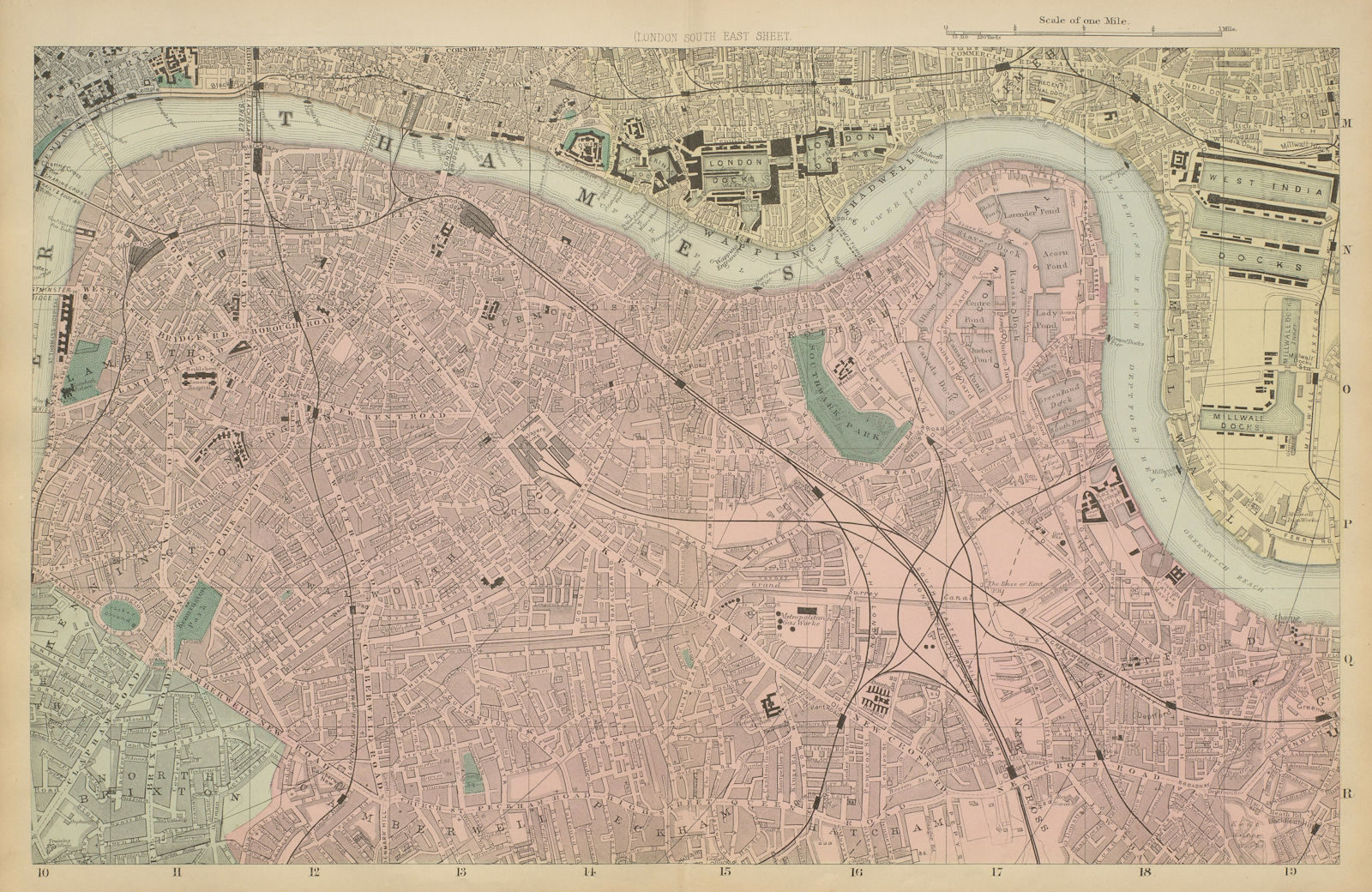 LONDON South East Docks Southwark Lambeth Lewisham town city plan BACON 1885 map