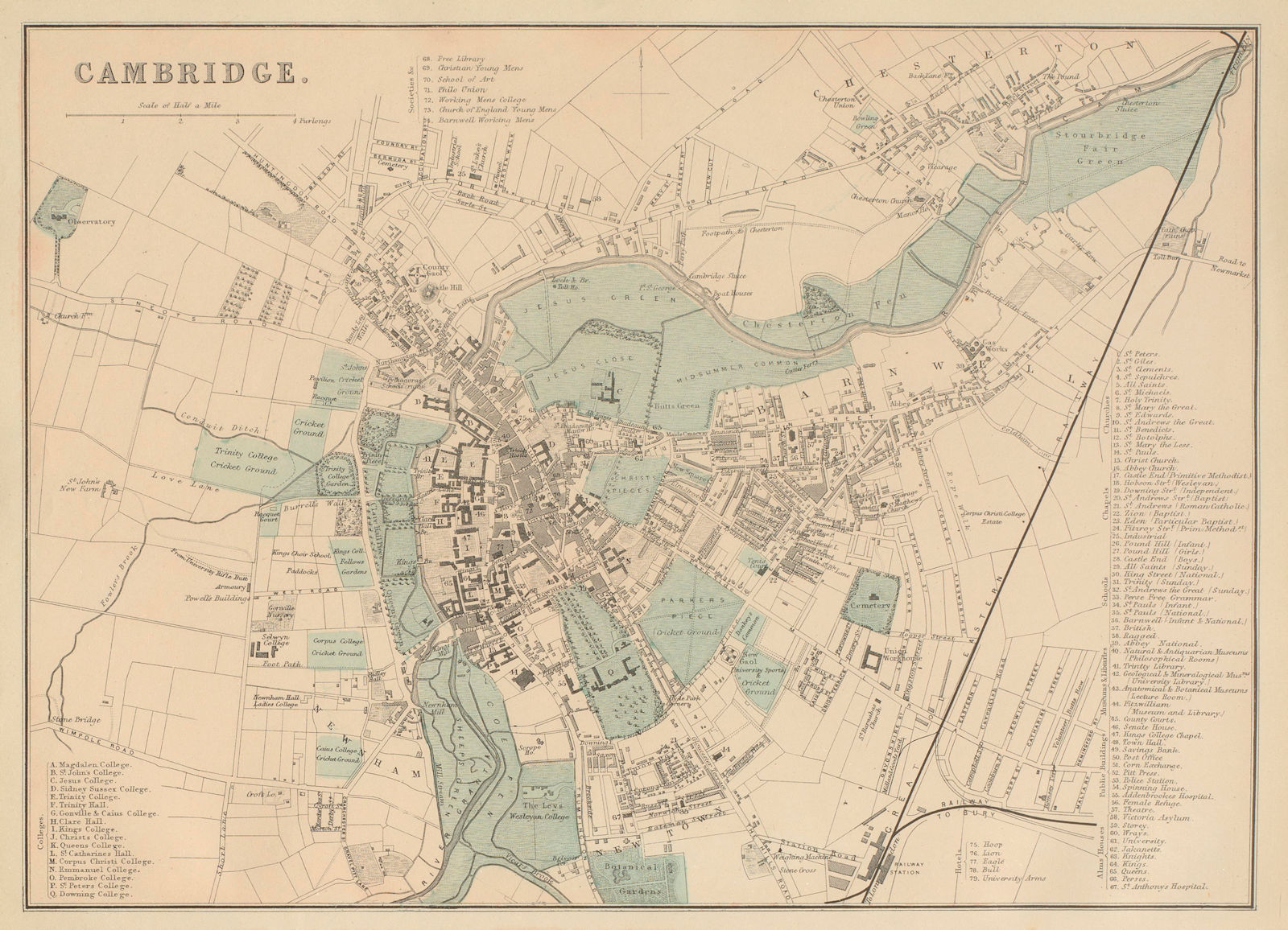 CAMBRIDGE antique town city plan by GW BACON University Colleges 1885 old map