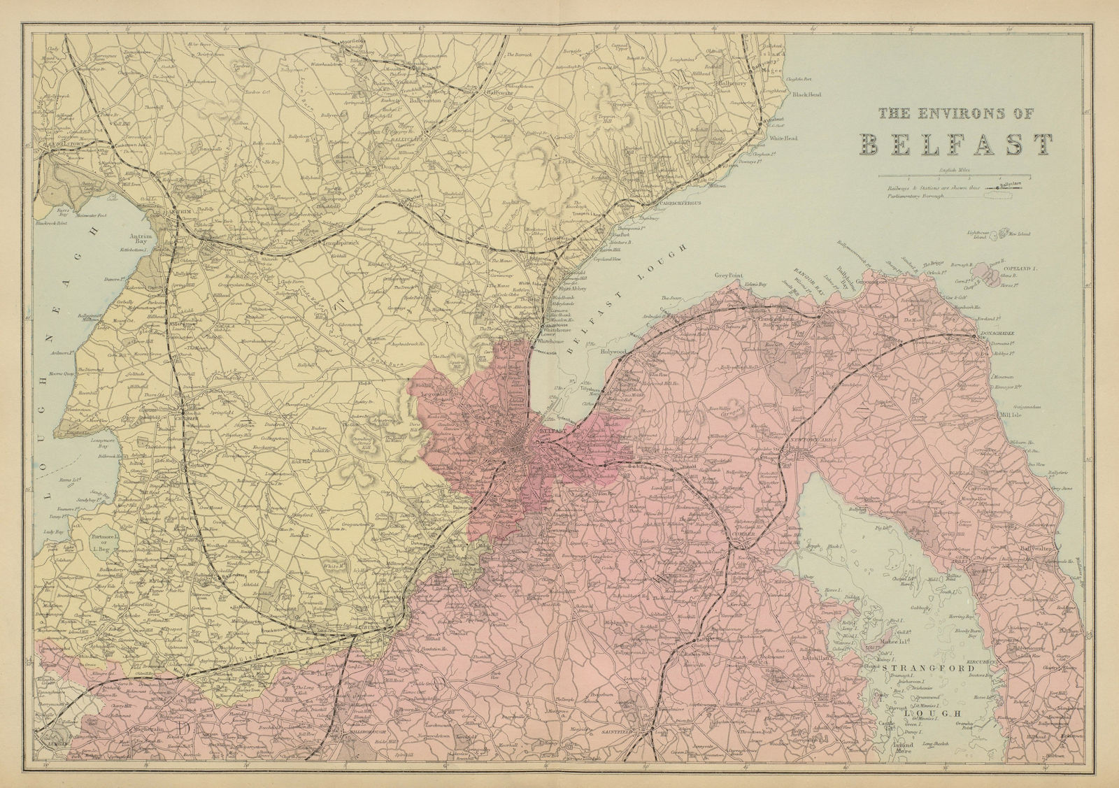BELFAST & ENVIRONS Lisburn Antrim Bangor antique map by GW BACON 1885 old