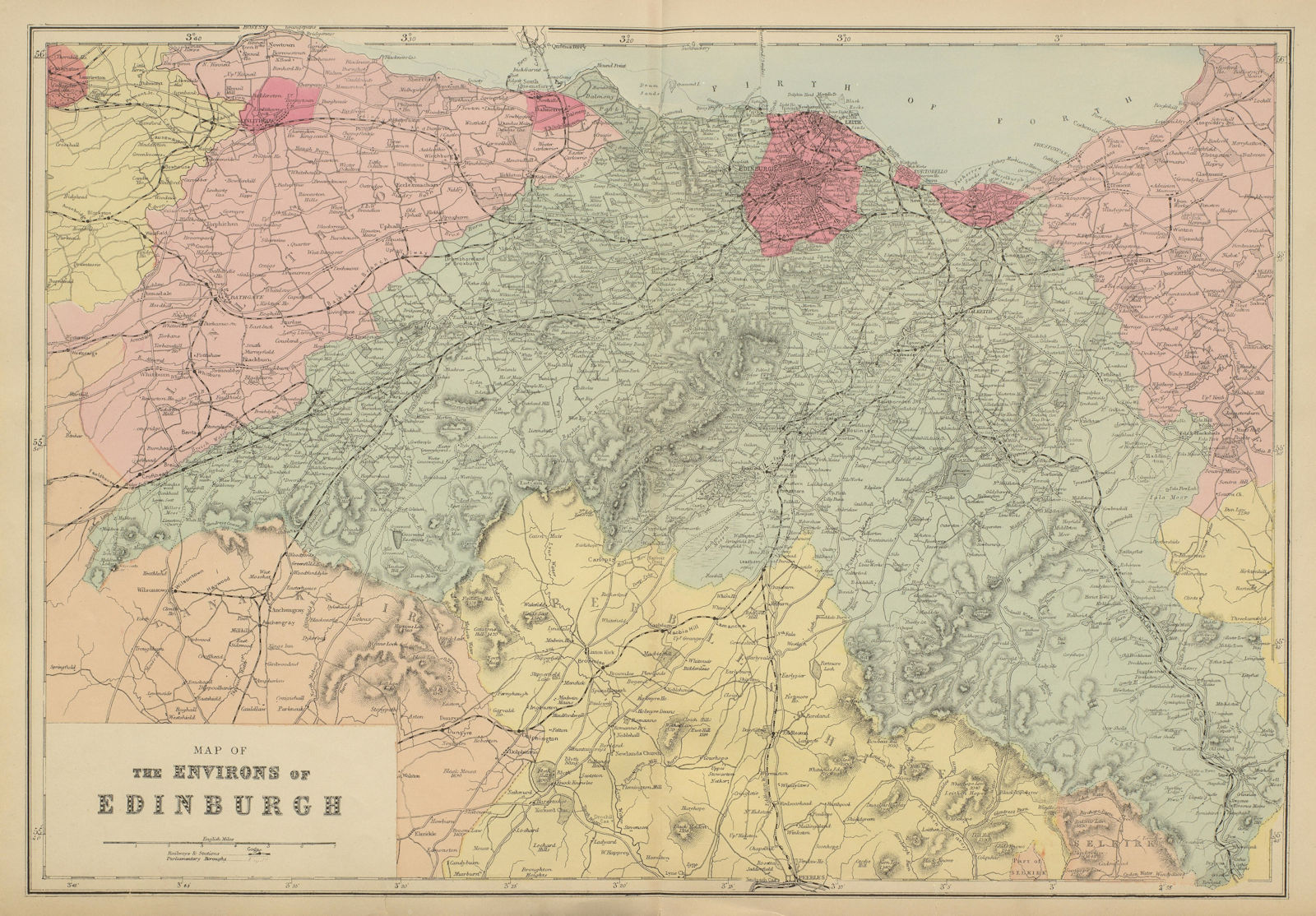 EDINBURGH & ENVIRONS West Lothian Midlothian antique map by GW BACON 1885