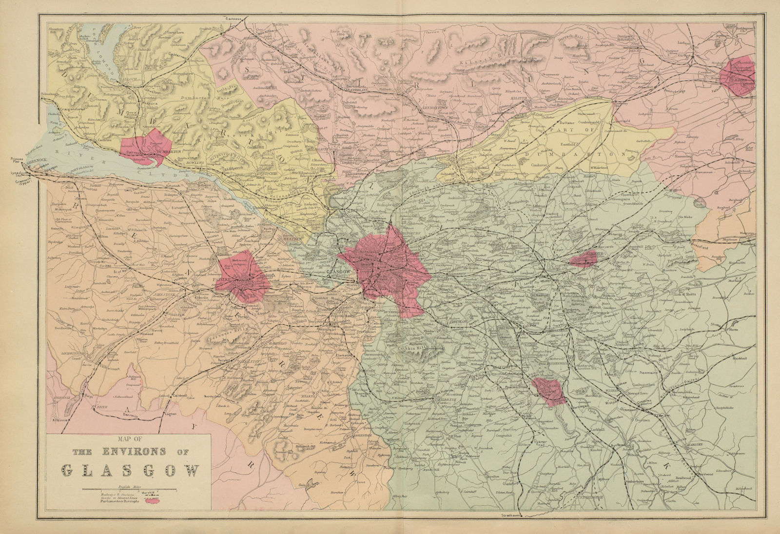 GLASGOW & ENVIRONS Lanark Renfrew antique map by GW BACON 1885 old