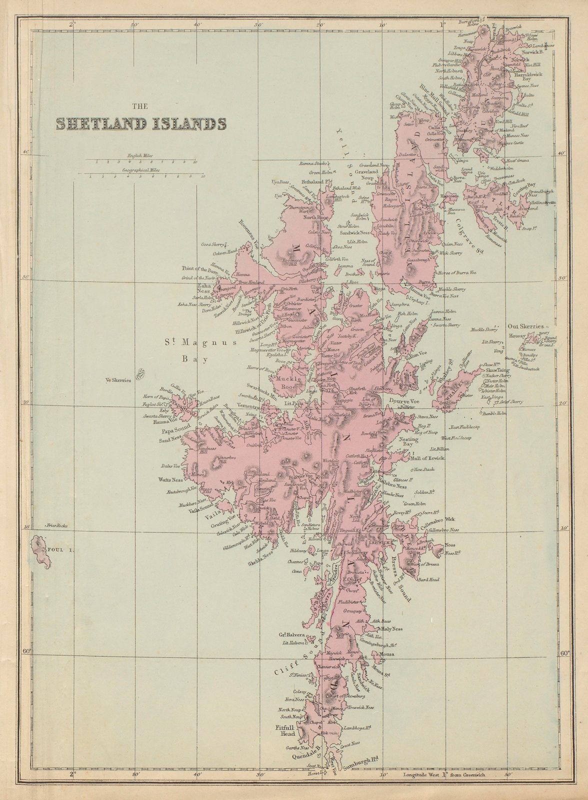 THE SHETLAND ISLANDS antique map by GW BACON Scotland 1885 old