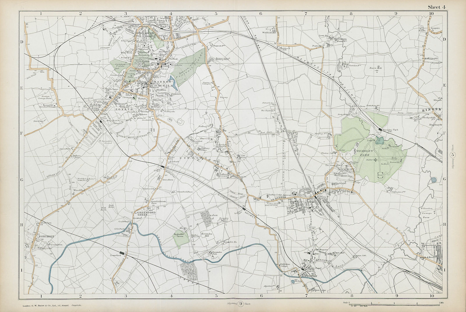 HARROW WEMBLEY BRENT Sudbury Greenford Northolt Kenton Alperton. BACON  1906 map